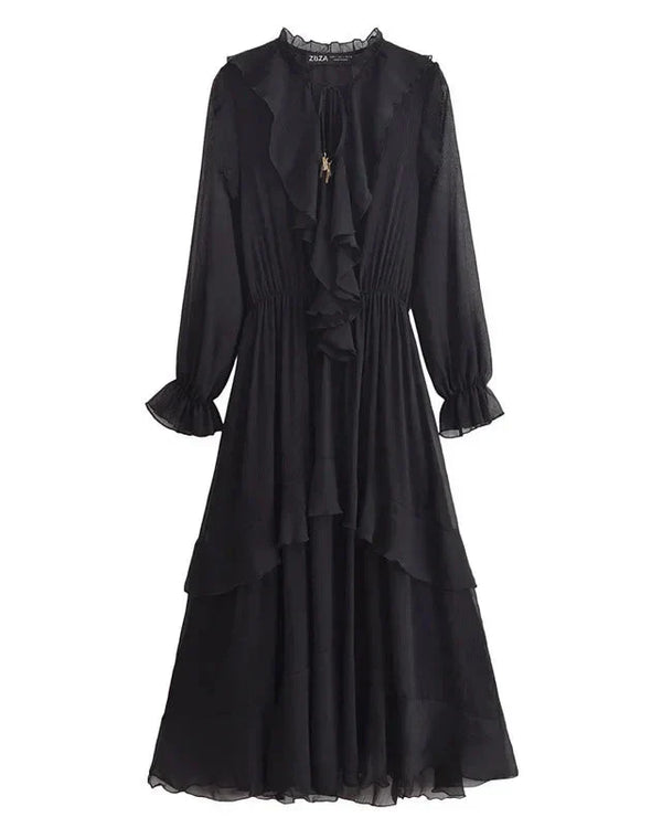 Vestido Elegante com Decote V – Babados, Manga Longa Lanterna e Detalhe em Renda com Laço